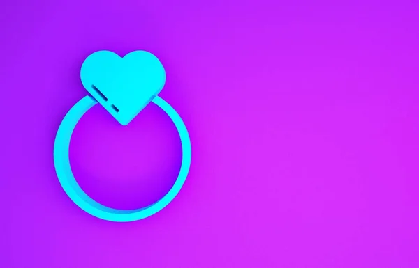 蓝色婚戒图标隔离在紫色背景 新娘和新郎珠宝标志 婚姻的象征 钻石戒指最低纲领的概念 3D渲染3D插图 — 图库照片