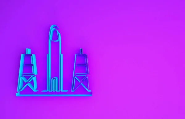 Blue Rocket launch from the spaceport icon isolated on purple background. Launch rocket in space. Minimalism concept. 3d illustration 3D render