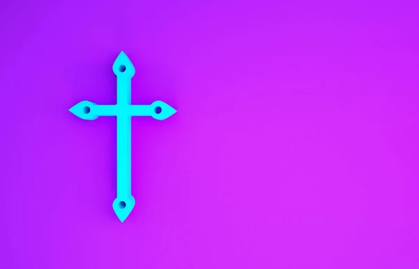 Blue Christian Cross Icon Isolated Purple Background Church Cross Minimalism — Stock Photo, Image
