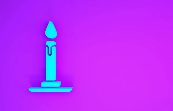 Blue Burning candle in candlestick icon isolated on purple background. Cylindrical candle stick with burning flame. Minimalism concept. 3d illustration 3D render