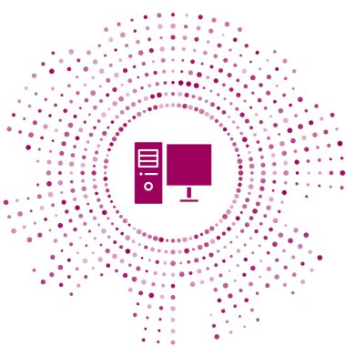 Mor Bilgisayar monitörü simgesi beyaz arkaplanda izole edildi. Bilgisayar bileşeni işareti. Soyut çember rastgele noktalar. Vektör İllüstrasyonu