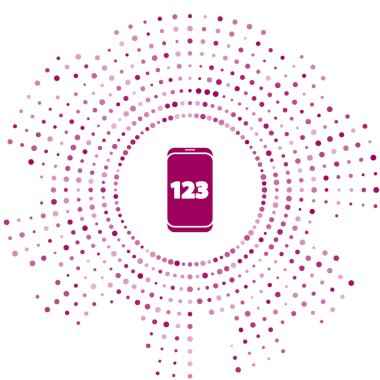 Mor Mobil hesap makinesi akıllı telefon arayüzü simgesi beyaz arkaplanda izole edildi. Telefon ekranında matematiksel uygulama. Soyut çember rastgele noktalar. Vektör İllüstrasyonu