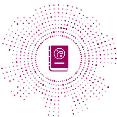 Astronomi ikonunun mor kitabı beyaz arka planda izole edilmiş. Soyut çember rastgele noktalar. Vektör İllüstrasyonu