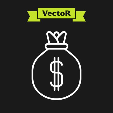 Beyaz çizgi Para çantası simgesi siyah arka plan üzerinde izole. Dolar veya Usd sembolü. Nakit Bankacılık para birimi işareti. Vektör İllüstrasyonu