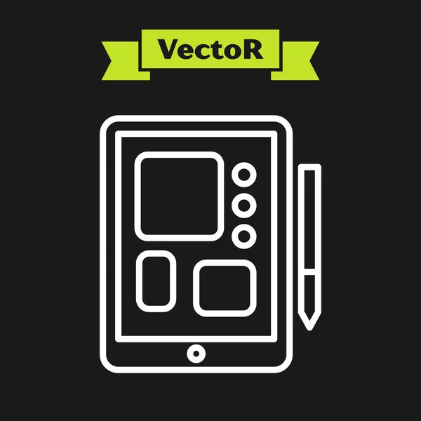 Weiße Linie Grafik Tablet Symbol Isoliert Auf Schwarzem Hintergrund Vektorillustration — Stockvektor