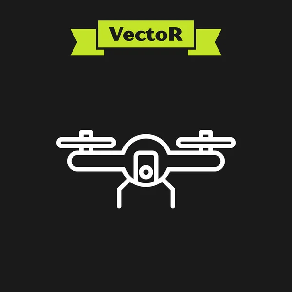 Linha Branca Ícone Voador Drone Isolado Fundo Preto Quadrocopter Com — Vetor de Stock