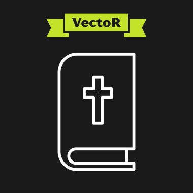 Beyaz çizgi. Kutsal İncil ikonu siyah arka planda izole edilmiş. Vektör İllüstrasyonu