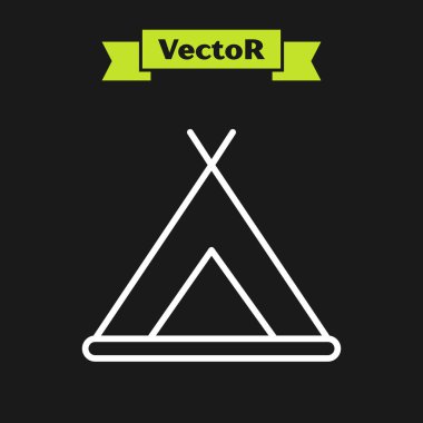 Beyaz çizgi turist çadırı simgesi siyah arka planda izole edildi. Kamp sembolü. Vektör İllüstrasyonu