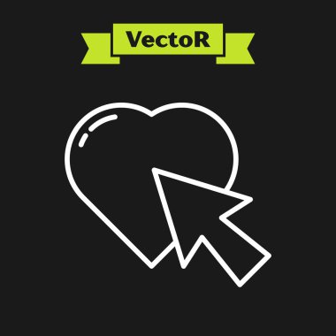 Beyaz çizgi Kalp ve imleç tıklama simgesi siyah arkaplanda izole edildi. İnternetten randevulaşma. Düğmeye tıkla. Uluslararası Mutlu Kadınlar Günü. Vektör İllüstrasyonu