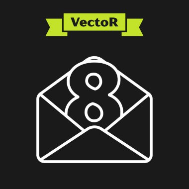 Siyah zemin üzerinde 8 Mart simgesi bulunan beyaz çizgi Zarfı. Mesaj aşkım. Aşk ve romantizm mektubu. Uluslararası Mutlu Kadınlar Günü. Vektör İllüstrasyonu