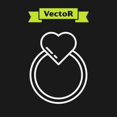 Beyaz çizgili alyans simgesi siyah arkaplanda izole edilmiş. Gelin ve damat mücevher tabelası. Evlilik sembolü. Elmas yüzük. Vektör İllüstrasyonu