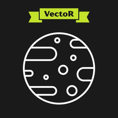 Beyaz çizgi uydu çanak ikonu siyah arkaplanda izole edildi. Radyo anten, astronomi ve uzay araştırması. Vektör İllüstrasyonu