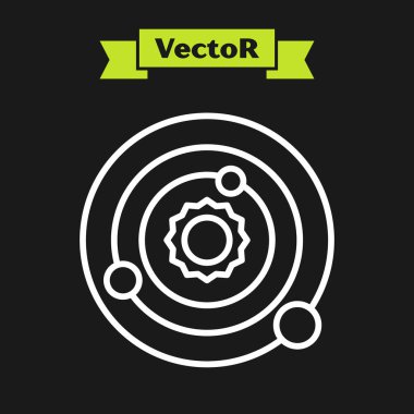 Beyaz çizgi güneş sistemi simgesi siyah arkaplanda izole edildi. Gezegenler yıldızın etrafında dönerler. Vektör İllüstrasyonu