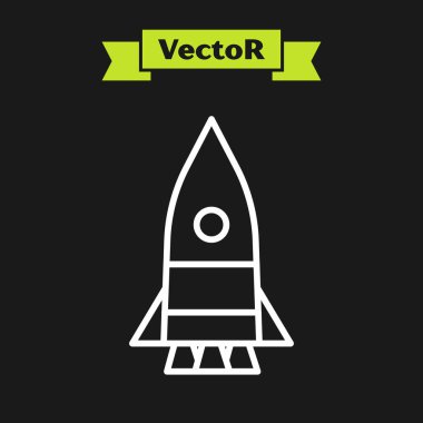 Beyaz çizgi roket gemisi simgesi siyah arkaplanda izole edildi. Uzay yolculuğu. Vektör İllüstrasyonu