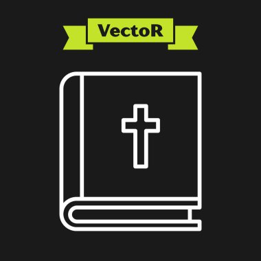 Beyaz çizgi. Kutsal İncil ikonu siyah arka planda izole edilmiş. Vektör İllüstrasyonu