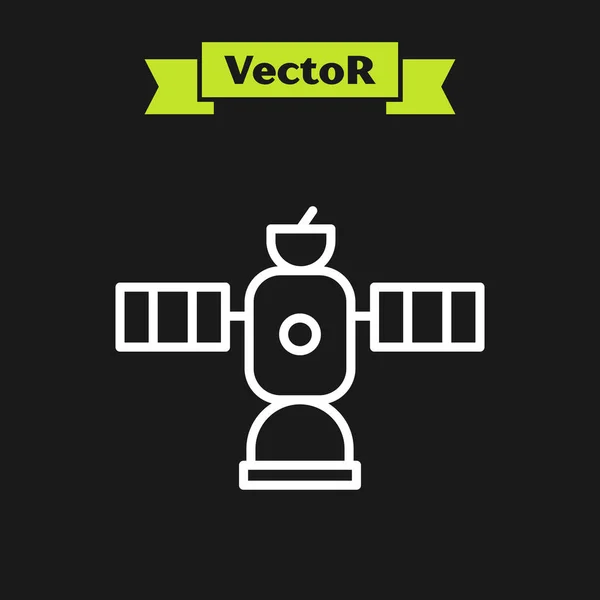 Weiße Linie Satellitensymbol Isoliert Auf Schwarzem Hintergrund Vektorillustration — Stockvektor