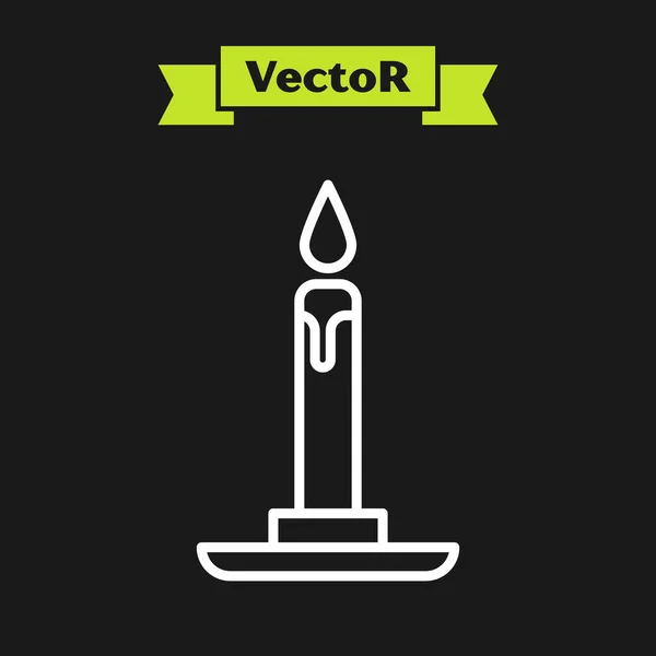 Weiße Linie Brennende Kerze Kerzenständer Symbol Isoliert Auf Schwarzem Hintergrund — Stockvektor