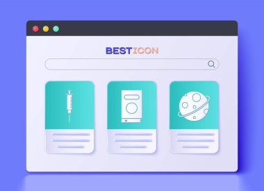 Kitabı, Şırıngayı ve Gezegen simgesini ayarla. Vektör