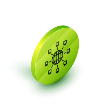 Isometric Line Global teknolojisi veya sosyal ağ simgesi beyaz arkaplanda izole edildi. Yeşil daire düğmesi. Vektör İllüstrasyonu