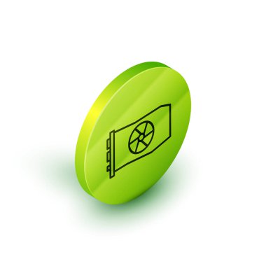 Beyaz arkaplanda izole edilmiş Isometric satır Video Grafik Kart simgesi. Yeşil daire düğmesi. Vektör İllüstrasyonu