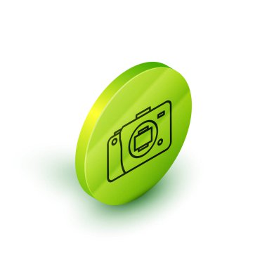 Beyaz arkaplanda izole edilmiş aynasız kamera simgesi. Fotoğraf makinesi simgesi. Yeşil daire düğmesi. Vektör İllüstrasyonu