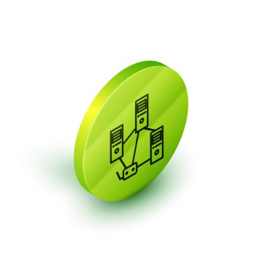 Isometric line Bilgisayar ağı simgesi beyaz arkaplanda izole edildi. Laptop ağı. İnternet bağlantısı. Yeşil daire düğmesi. Vektör İllüstrasyonu