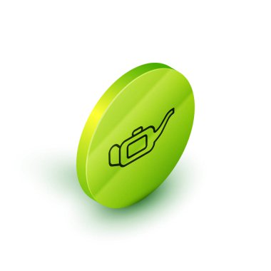 Beyaz arka planda izole edilmiş motor makine yağı ikonu için Isometric hattı kutusu. Benzin bidonu. Yağ değiştirme ve onarım servisi. Yeşil daire düğmesi. Vektör İllüstrasyonu