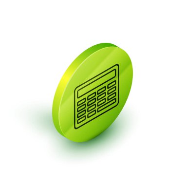 İzometrik çizgi Beyaz arka planda yalıtılmış tebeşir simgesi. Okul Tahta tabelası. Yeşil daire düğmesi. Vektör İllüstrasyonu