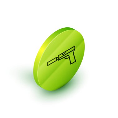 Beyaz zemin üzerinde susturucu simgesi olan Isometric Line Pistol veya tabanca. Yeşil daire düğmesi. Vektör İllüstrasyonu