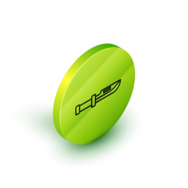 Beyaz arkaplanda izole edilmiş Isometric hat Kamp bıçağı ikonu. Yeşil daire düğmesi. Vektör İllüstrasyonu