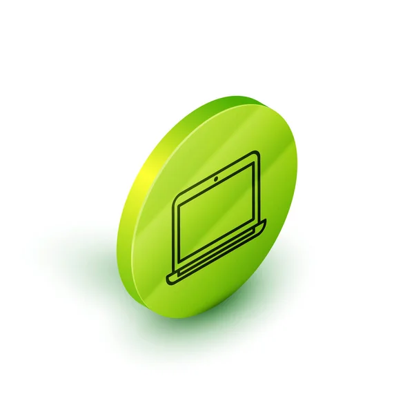 Isométrique ligne icône ordinateur portable isolé sur fond blanc. Ordinateur portable avec signe d'écran vide. Bouton rond vert. Illustration vectorielle — Image vectorielle