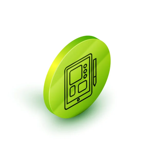 Isometrische Linie Grafisches Tablet-Symbol isoliert auf weißem Hintergrund. Grüner Kreis-Knopf. Vektorillustration — Stockvektor