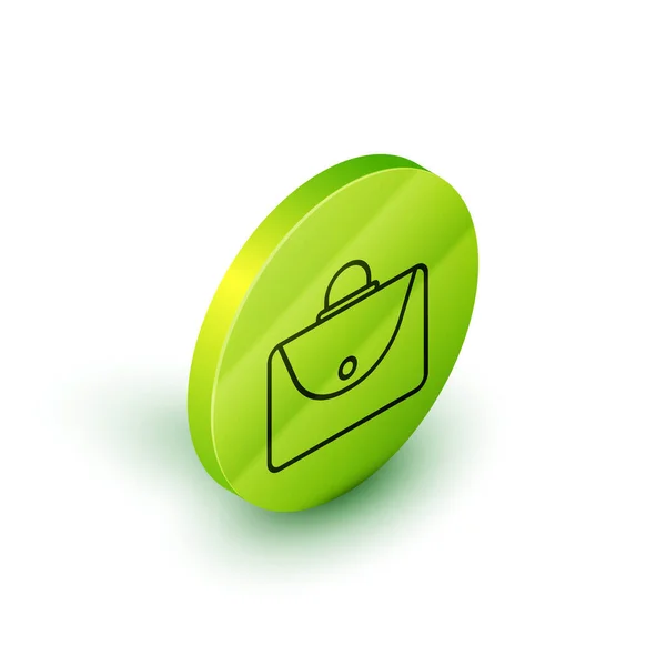 Icono del maletín de línea isométrica aislado sobre fondo blanco. Firma del caso. Portafolio empresarial. Botón círculo verde. Ilustración vectorial — Vector de stock