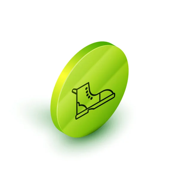 Línea isométrica Icono de arranque de senderismo aislado sobre fondo blanco. Botón círculo verde. Ilustración vectorial — Archivo Imágenes Vectoriales