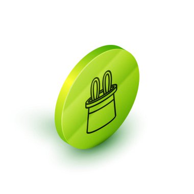 İzometrik çizgi Magician şapka ve tavşan kulakları simgesi beyaz arka plan üzerinde izole. Sihir numarası. Gizemli eğlence konsepti. Yeşil daire düğmesi. Vektör İllüstrasyonu