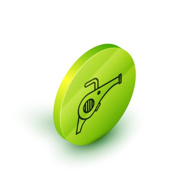 İzometrik çizgi Yaprak üfleyici simgesi beyaz arkaplanda izole edildi. Yeşil daire düğmesi. Vektör İllüstrasyonu