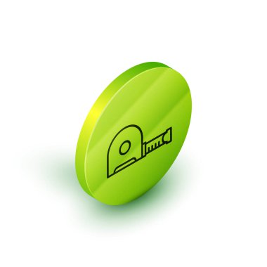 İzoelektrik hat Rulet inşaat ikonu beyaz arka planda izole edildi. Mezura ölçüm sembolü. Yeşil daire düğmesi. Vektör İllüstrasyonu