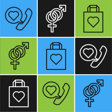 Telefon hattını kalp konuşma balonuyla, alışveriş poşetini kalp ve cinsiyet ikonu ile ayarla. Vektör