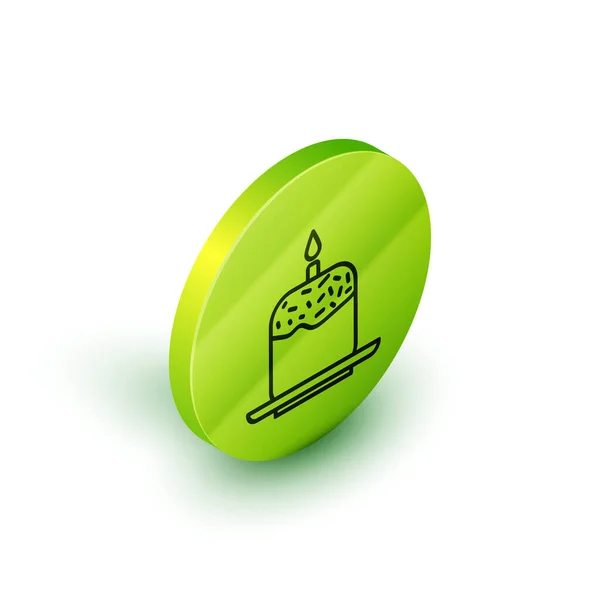 Isometric line Easter cake and candle icon isolated on white background. Happy Easter. Green circle button. Vector Illustration — Stock Vector