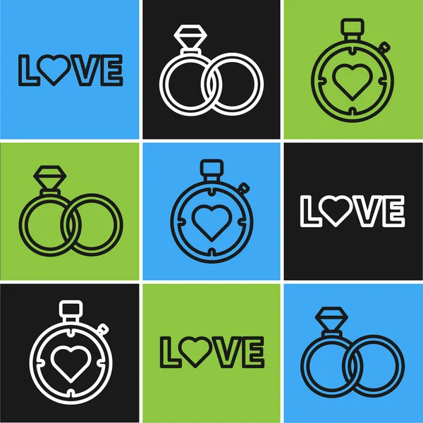 Establecer línea Texto de amor, Corazón en el cronómetro central y el icono de anillos de boda. Vector — Vector de stock