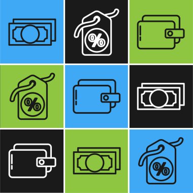 Hat Stacks kağıt para, Cüzdan ve İndirim yüzde etiket ikonu ayarlayın. Vektör