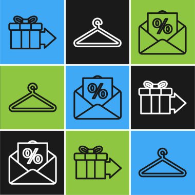 Hediye kutusu, indirimli zarf ve elbise askısı ikonu. Vektör
