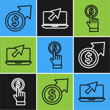 Finansal büyüme ve madeni para, el sikkesi, dizüstü bilgisayar ve imleç simgesi. Vektör