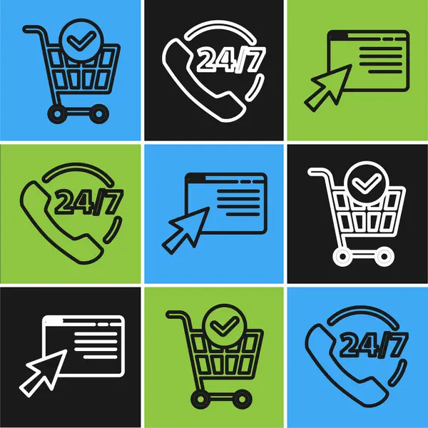 Set line Shopping cart with check mark, Online shopping on screen and Telephone 24 hours support icon. Vector — Stock Vector
