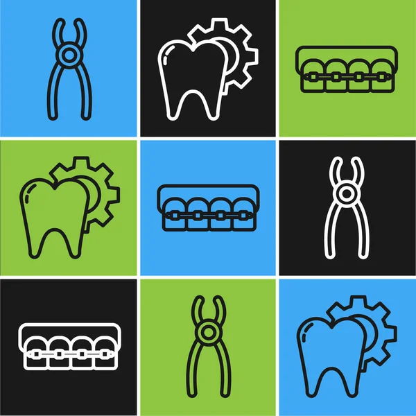 Definir linha Dental alicate, dentes com aparelho e dente ícone procedimento de tratamento. Vetor —  Vetores de Stock