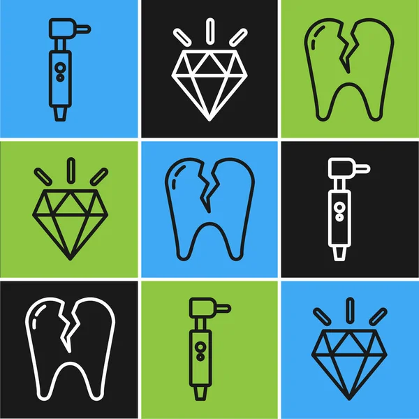 Set line Tooth drill, Broken tooth and Diamond teeth icon. Vector — Stock Vector