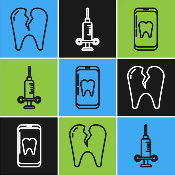 Ustaw linię Złamany ząb, Internetowa opieka stomatologiczna i ikona strzykawki stomatologicznej. Wektor — Wektor stockowy