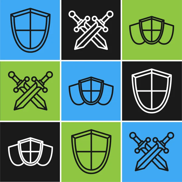 Set line Shield, Shield and Crossed medieval sword icon. Vector — Stock Vector