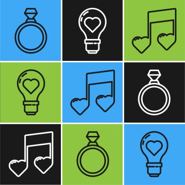 Diamond nişan yüzüğü, müzik notası, ampul şeklinde kalp ve kalp şeklinde bir ton. Vektör