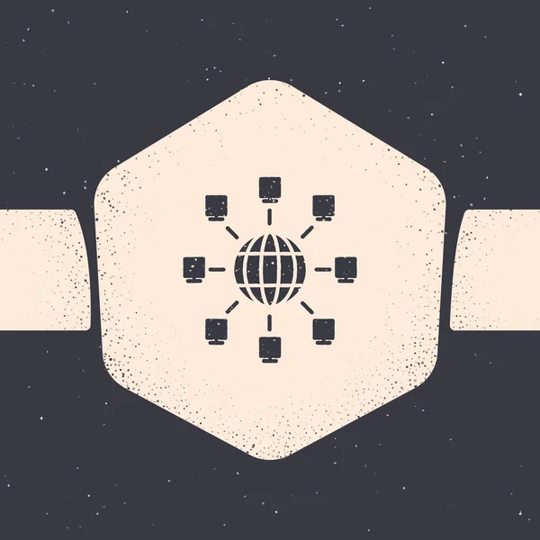 Grunge Icono global de tecnología o red social aislado sobre fondo gris. Dibujo vintage monocromo. Ilustración vectorial — Vector de stock